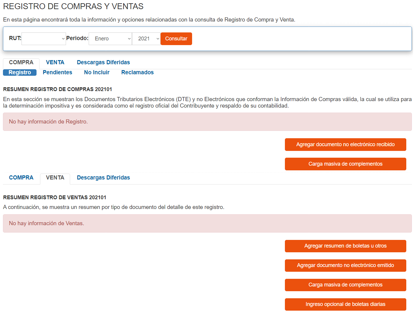 Registro de Compras y Ventas sin documentación recibida ni emitida.